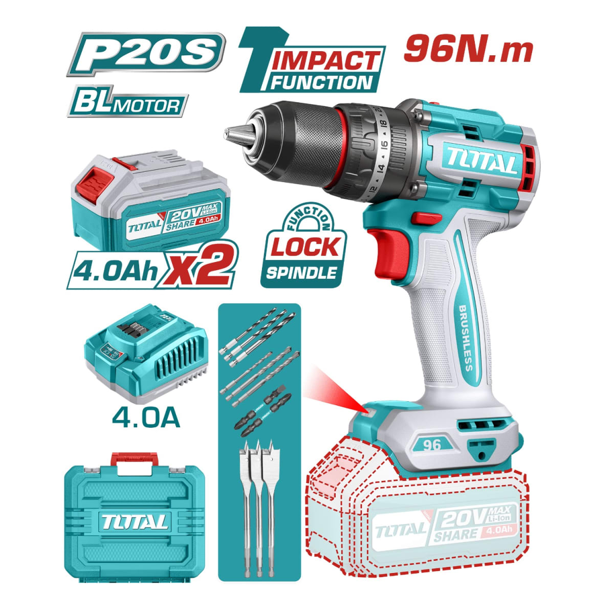 Taladro percutor 96nm + 2 baterías 4ah industrial Total2