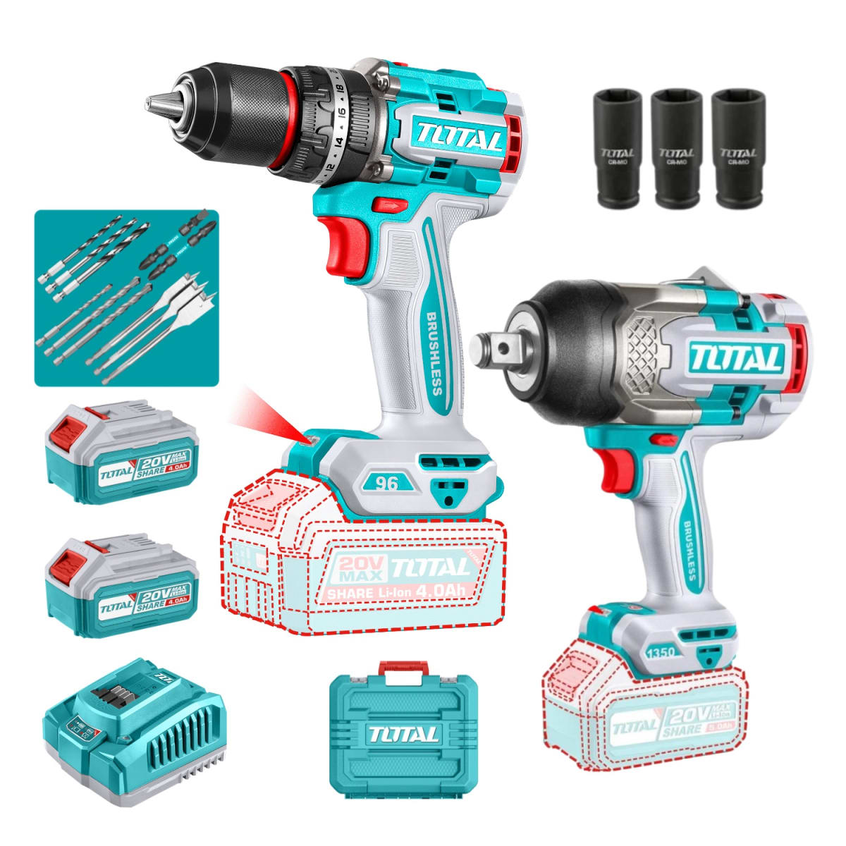 Taladro percutor 96nm + llave de impacto 1350nm industrial Total1