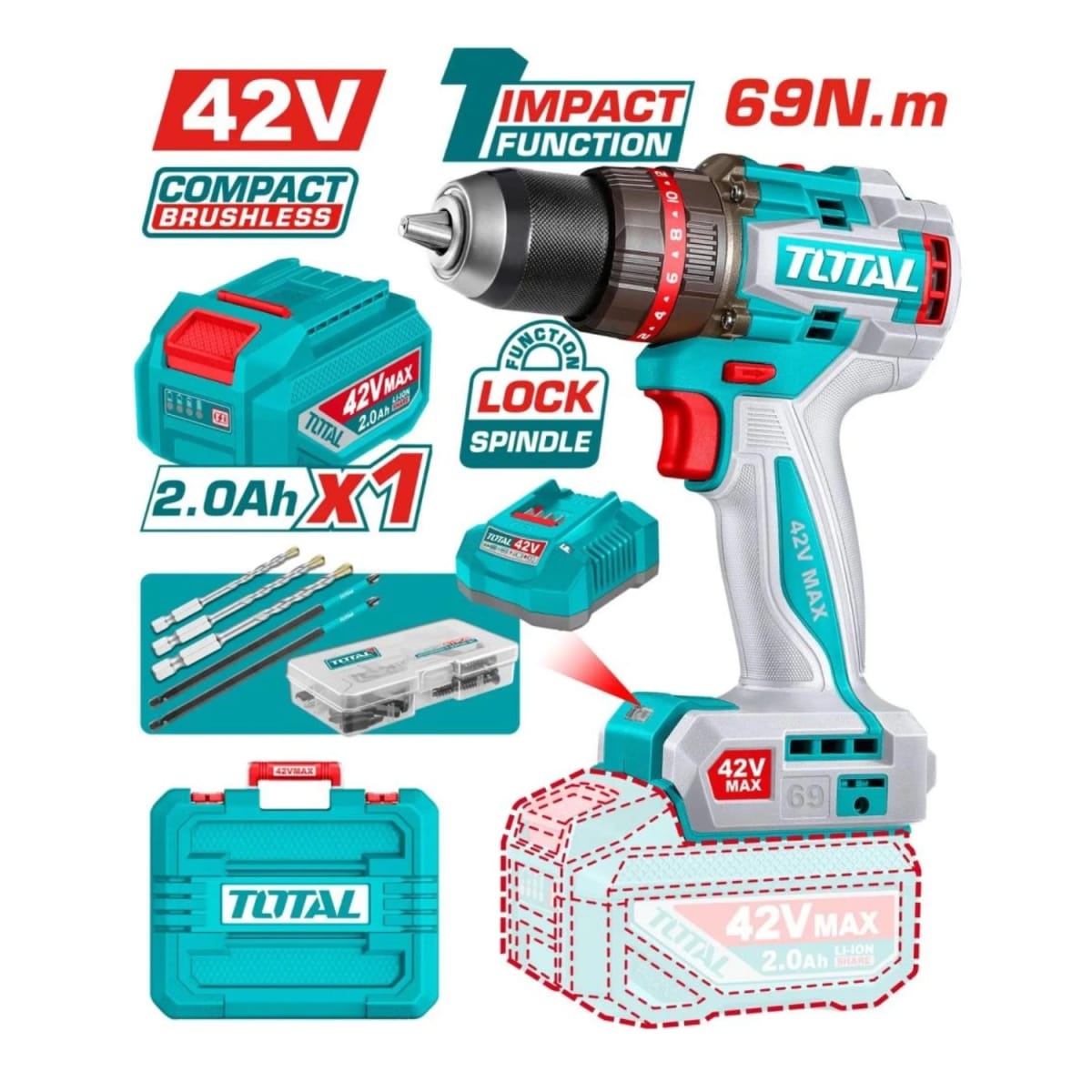 Taladro Percutor 69Nm + 1 Batería y Cargador 42v Total2