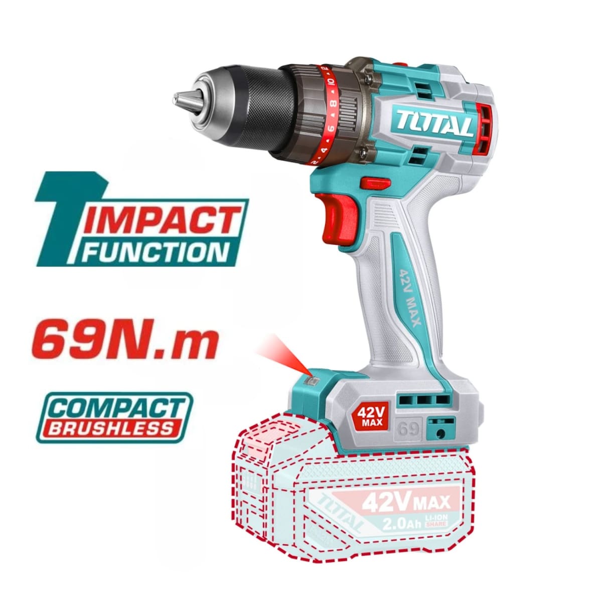 Taladro Percutor 69Nm + 1 Batería y Cargador 42v Total3