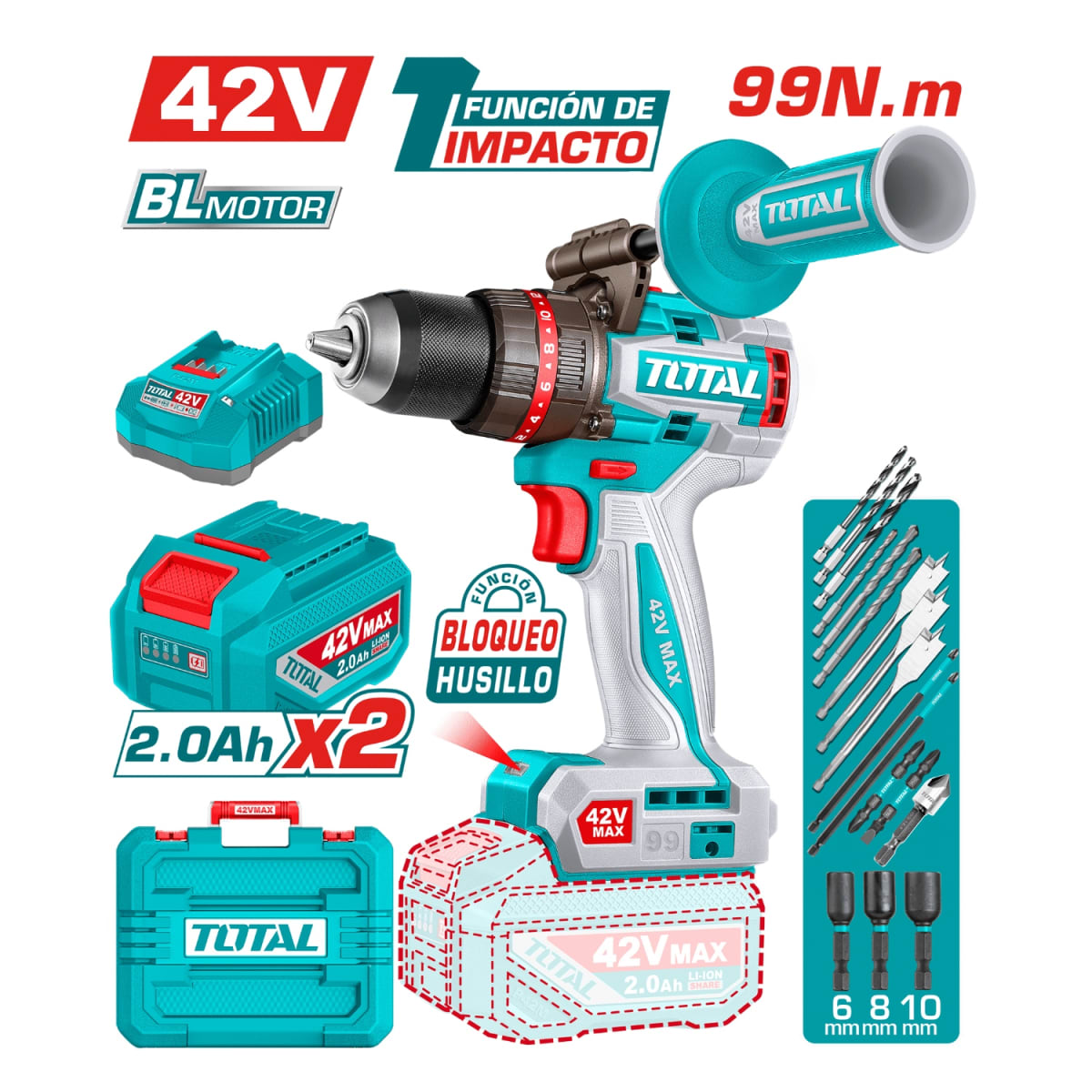 Taladro Percutor 99nm + 2 batería y cargador 42v total2