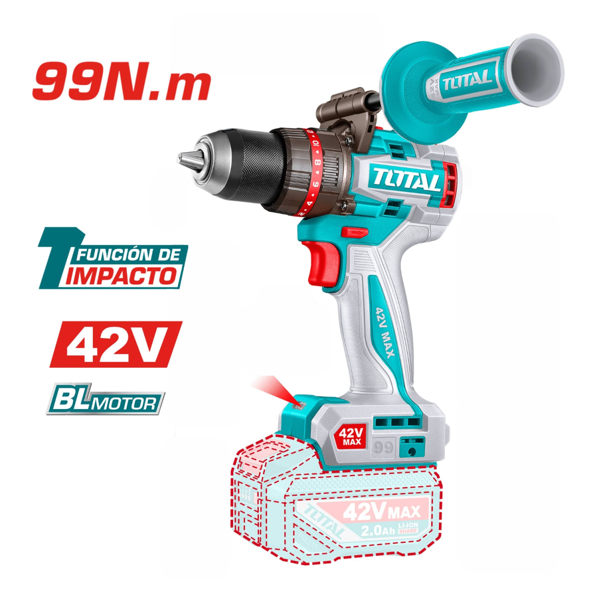 Taladro Percutor 99nm + 2 batería y cargador 42v total4