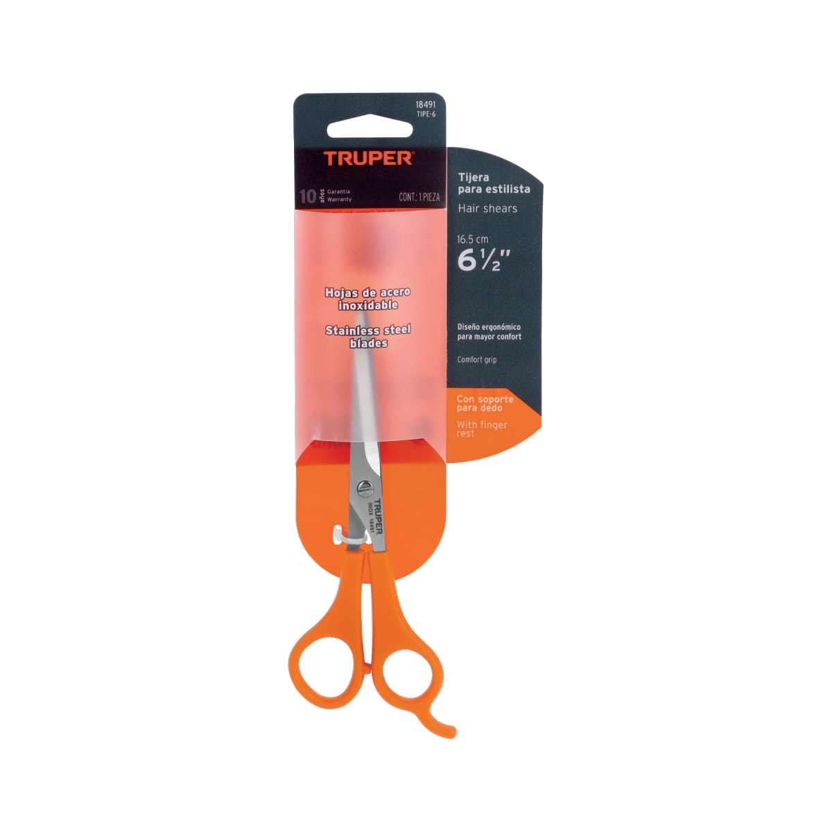 Tijera 6´´ de acero inoxidable con gancho para estilista Truper6