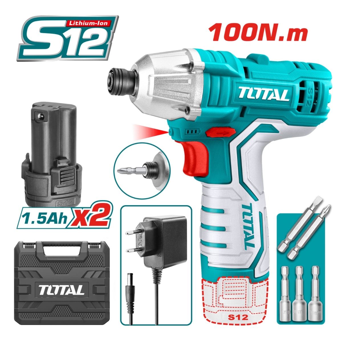 Taladro + Atornillador de impacto + linterna Total4