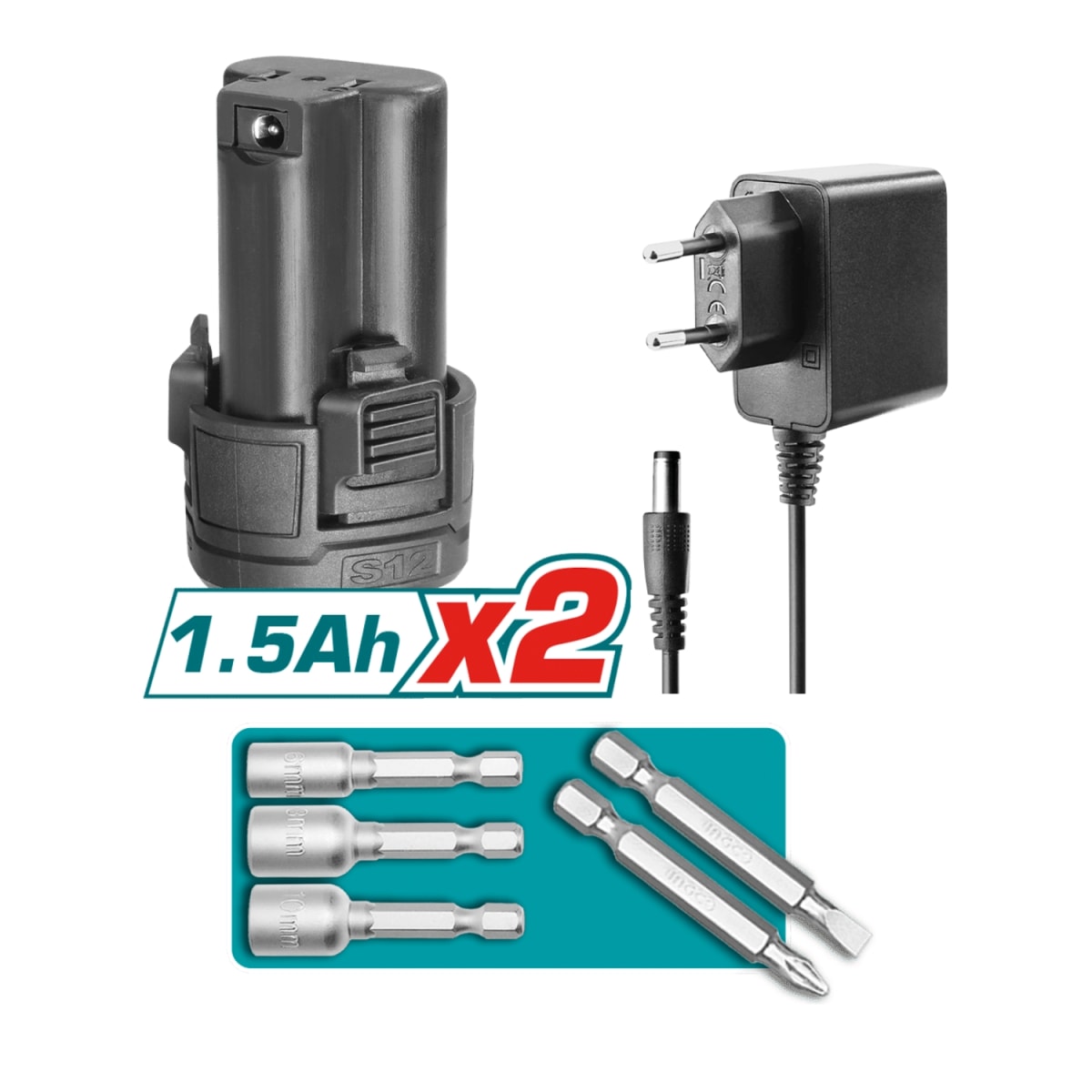 Atornillador de Impacto 100nm + 2 Batería + Cargador 12v Total3