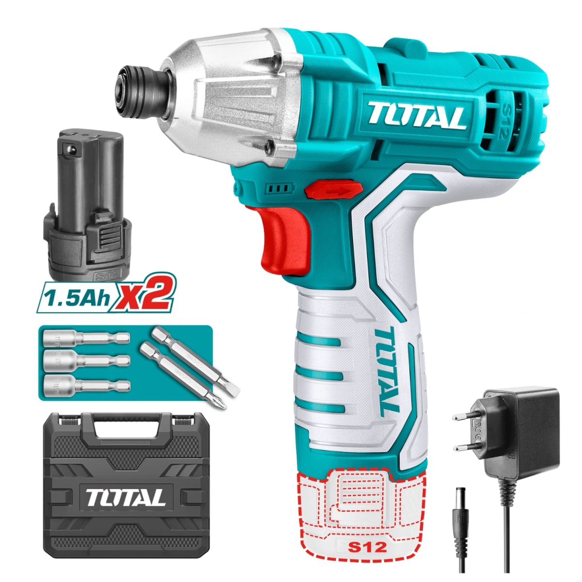 Atornillador de Impacto 100nm + 2 Batería + Cargador 12v Total1