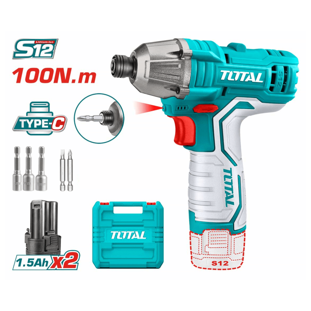 Atornillador de Impacto 100nm + 2 Batería tipo C 12v Total2