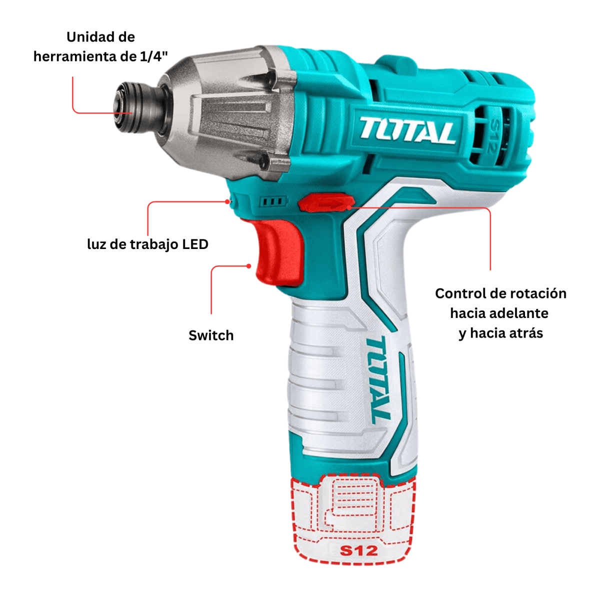 Atornillador de Impacto 100nm + 2 Batería tipo C 12v Total3