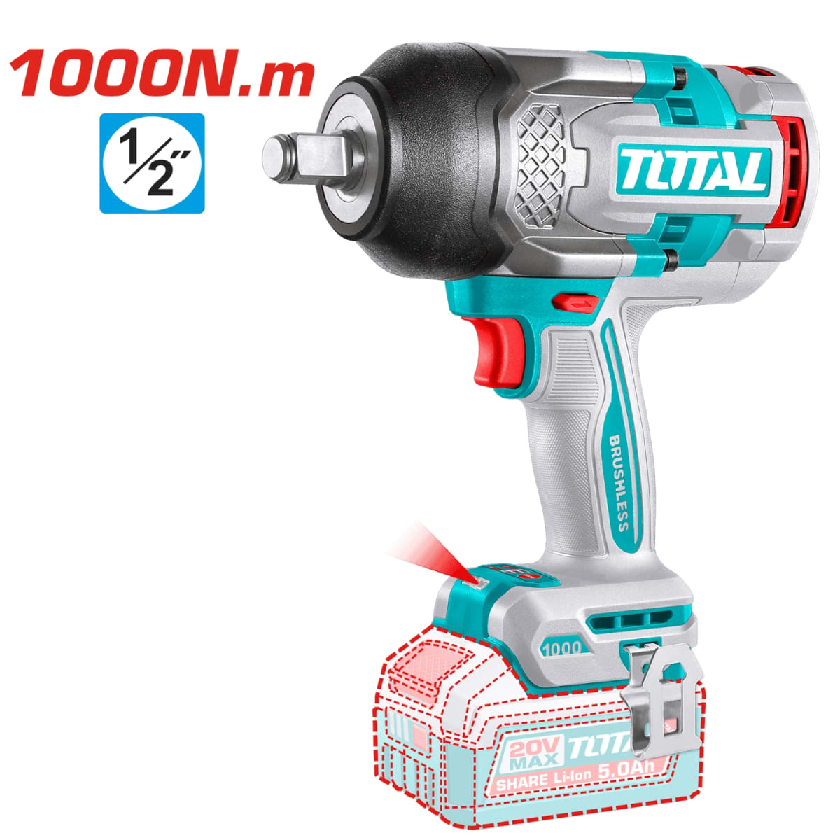 Llave de impacto 1000nm + 2 baterias 5ah Total4