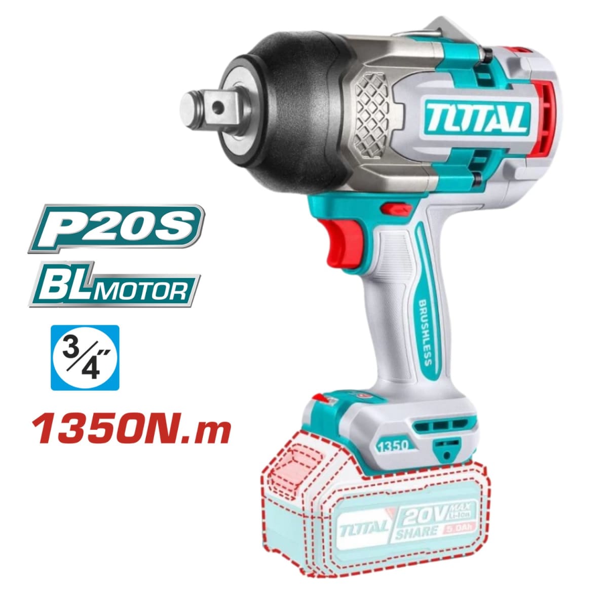 Combo 4 en 1 Llave de Impacto 1350nm +Taladro 96nm + Pistola de Calor + Linterna 20v Total3