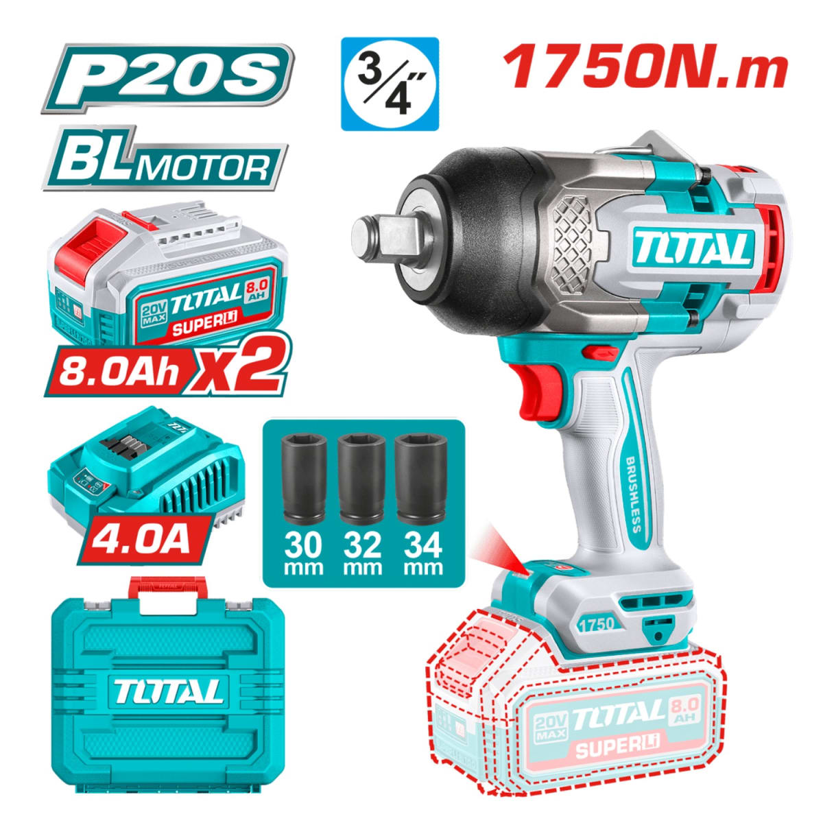 Llave de impacto 1750nm 3/4'' + 2 baterías 8ah y cargador Industrial Total2