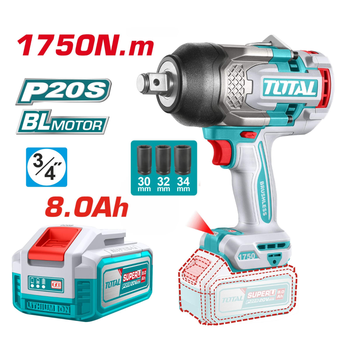 Llave de Impacto 3/4'' 1750N.m + 1 batería 8A.h 20v Total2