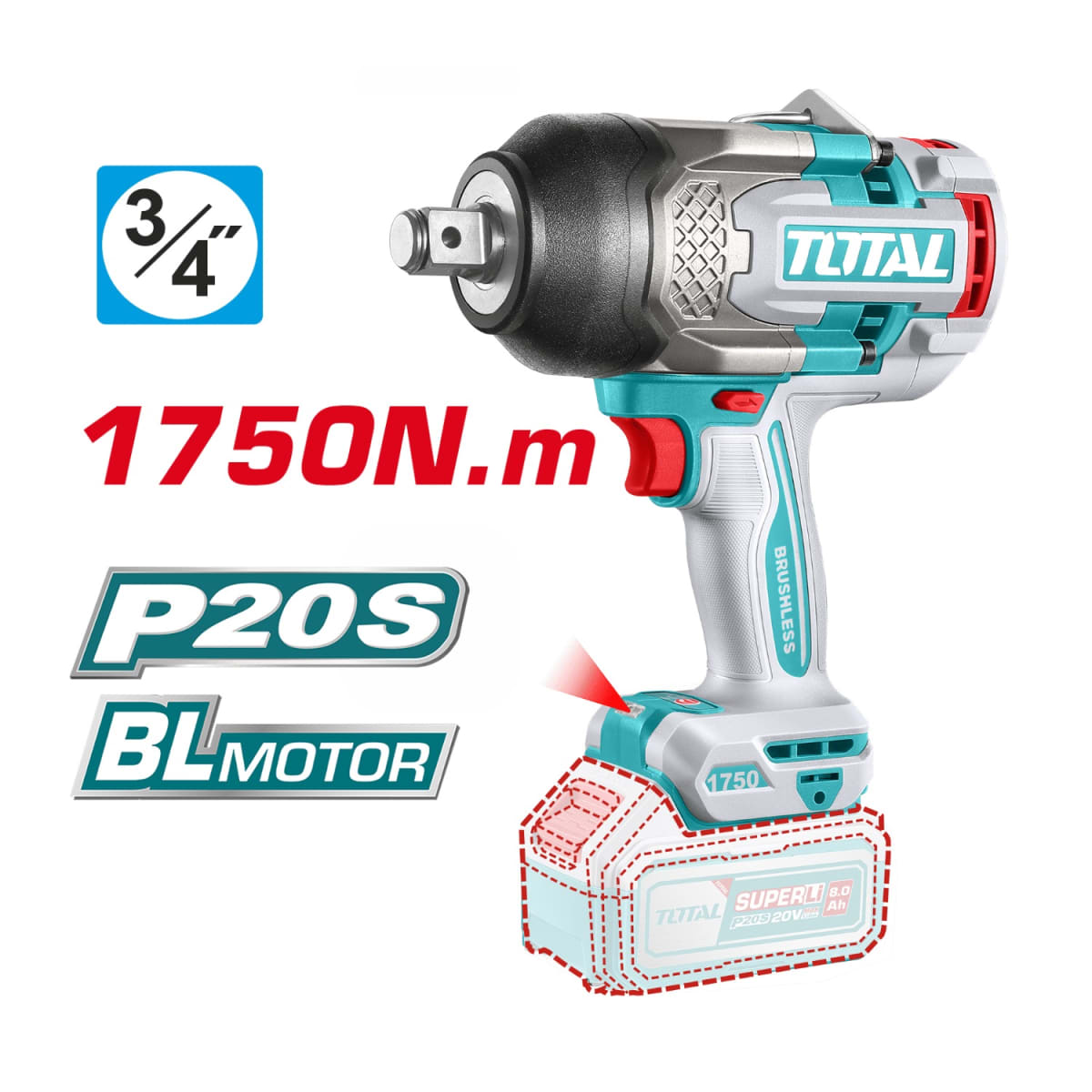 Llave de impacto 1750nm 3/4'' + 2 baterías 8ah y cargador Industrial Total3