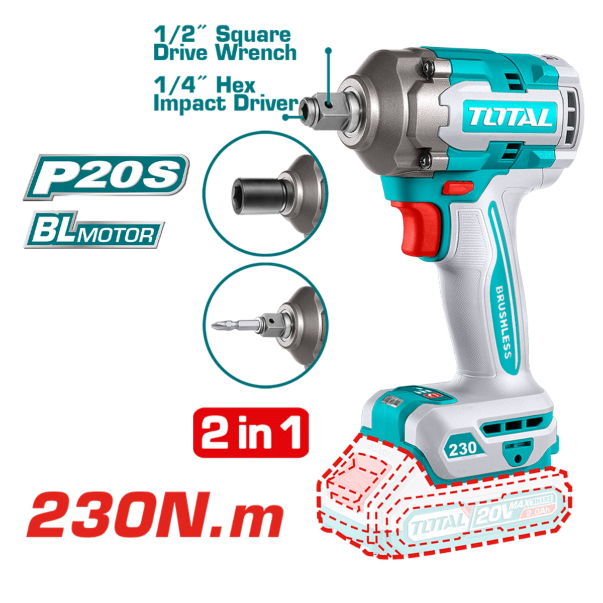 Llave/Destornillador de Impacto 1/2'' 230nm +2 baterias y Cargador 20v Total2