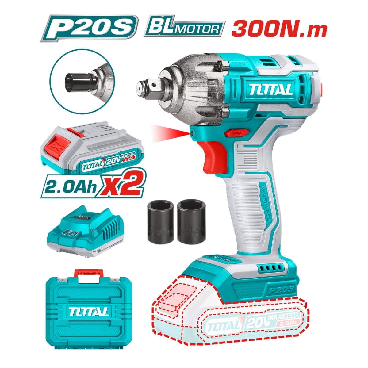 Llave de impacto 300nm incluye 2 baterías Total2