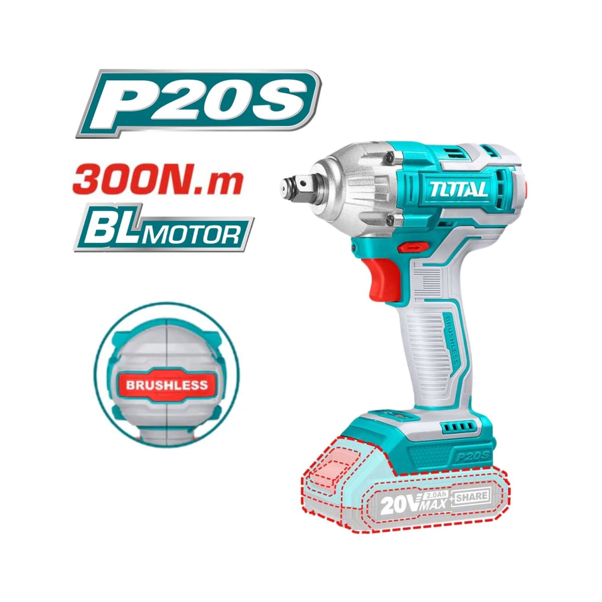 Llave de impacto 300nm incluye 2 baterías Total3