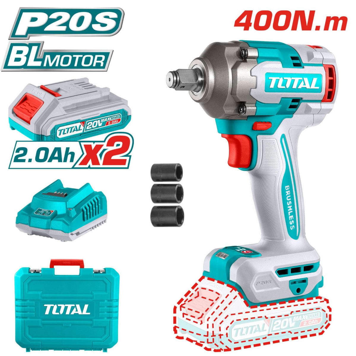 Llave de impacto 400 Nm + 2 baterías 2ah Total2