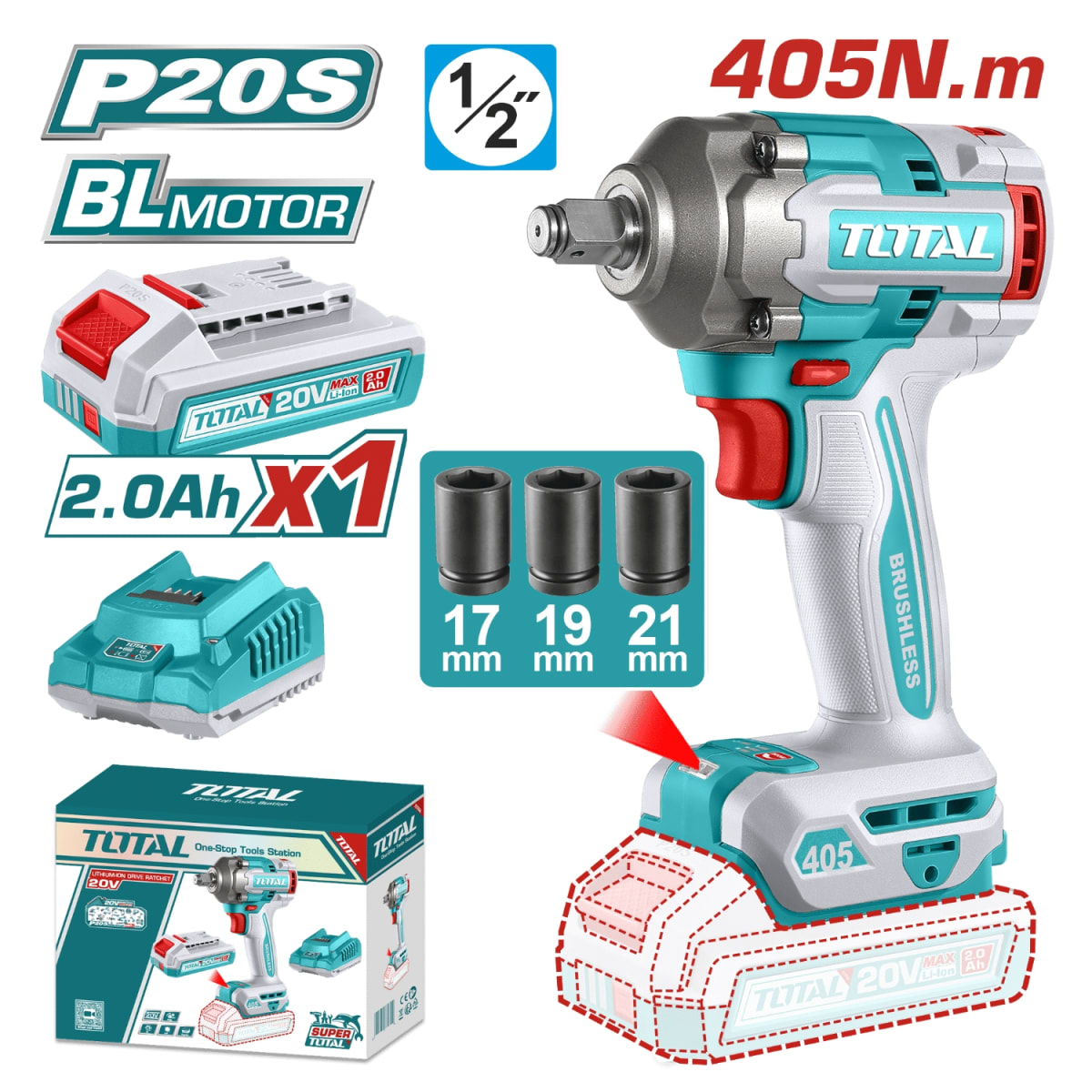 Llave de impacto 405nm + bateria y cargador Total6