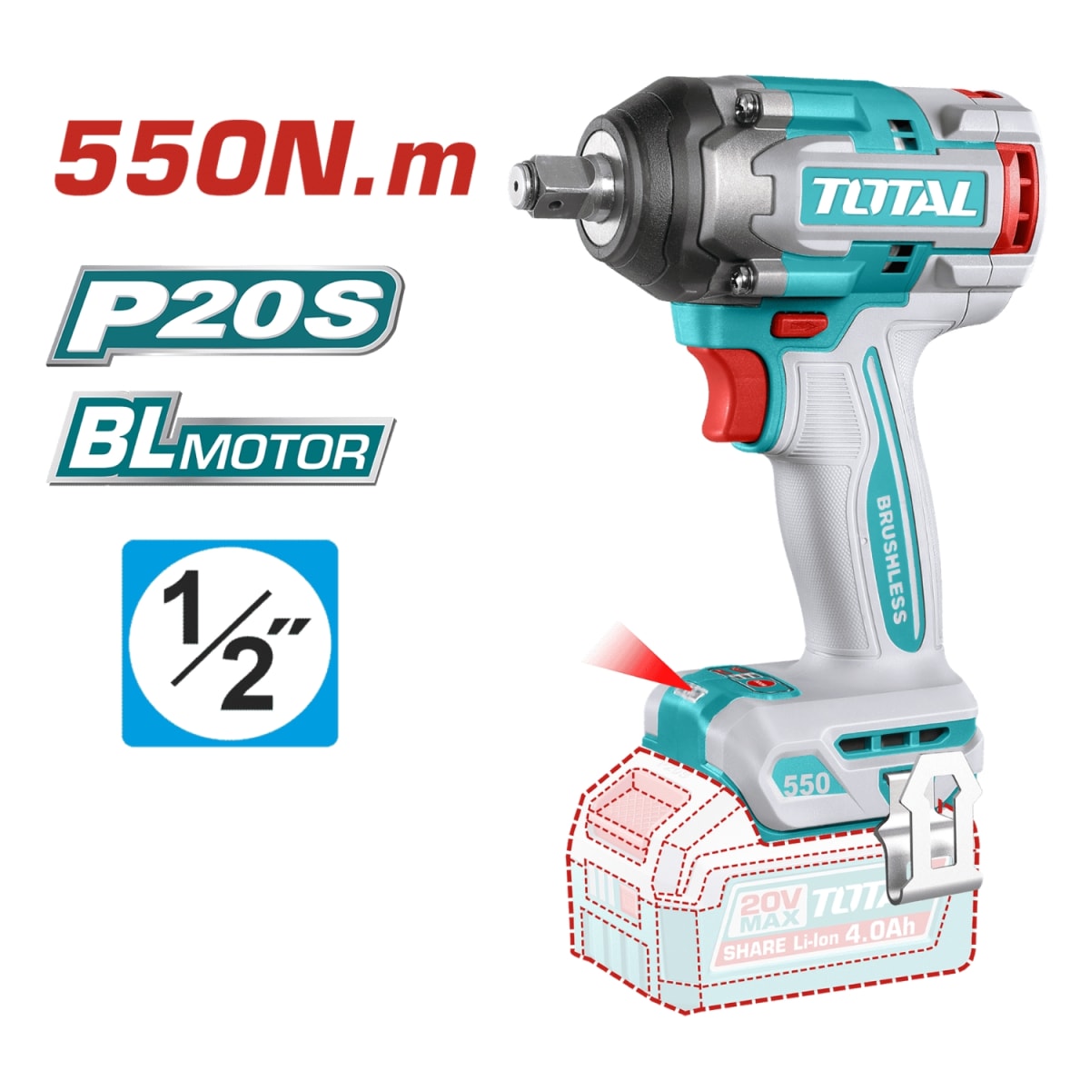 Llave de impacto 550nm + 2 baterias 4ah y cargador Total2