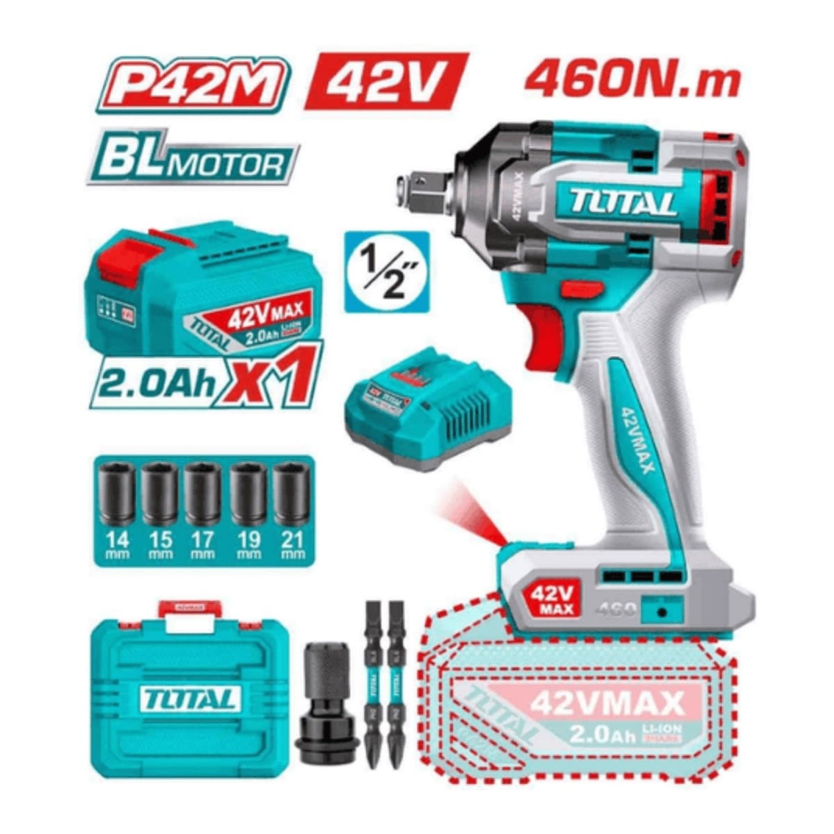 Llave de Impacto 1/2'' 460Nm + 1 Batería y Cargador 42v Total2