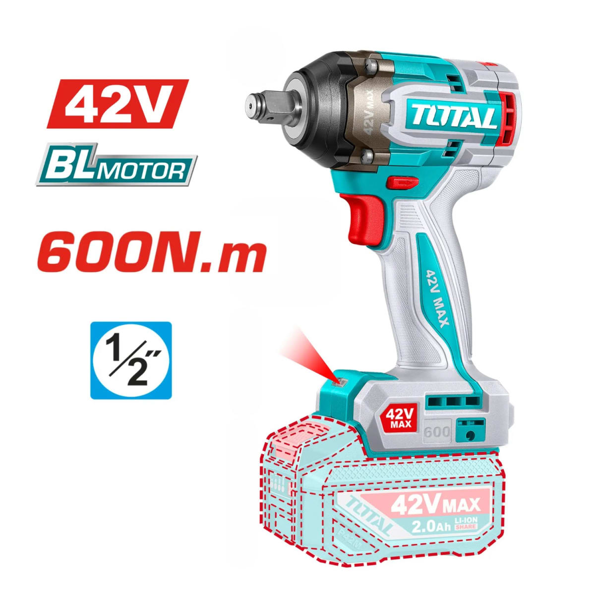 Llave de Impacto 1/2'' 600Nm + 2 Batería y Cargador 42v Total3