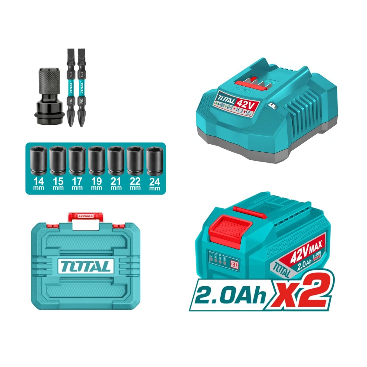 Llave de Impacto 1/2'' 600Nm + 2 Batería y Cargador 42v Total6