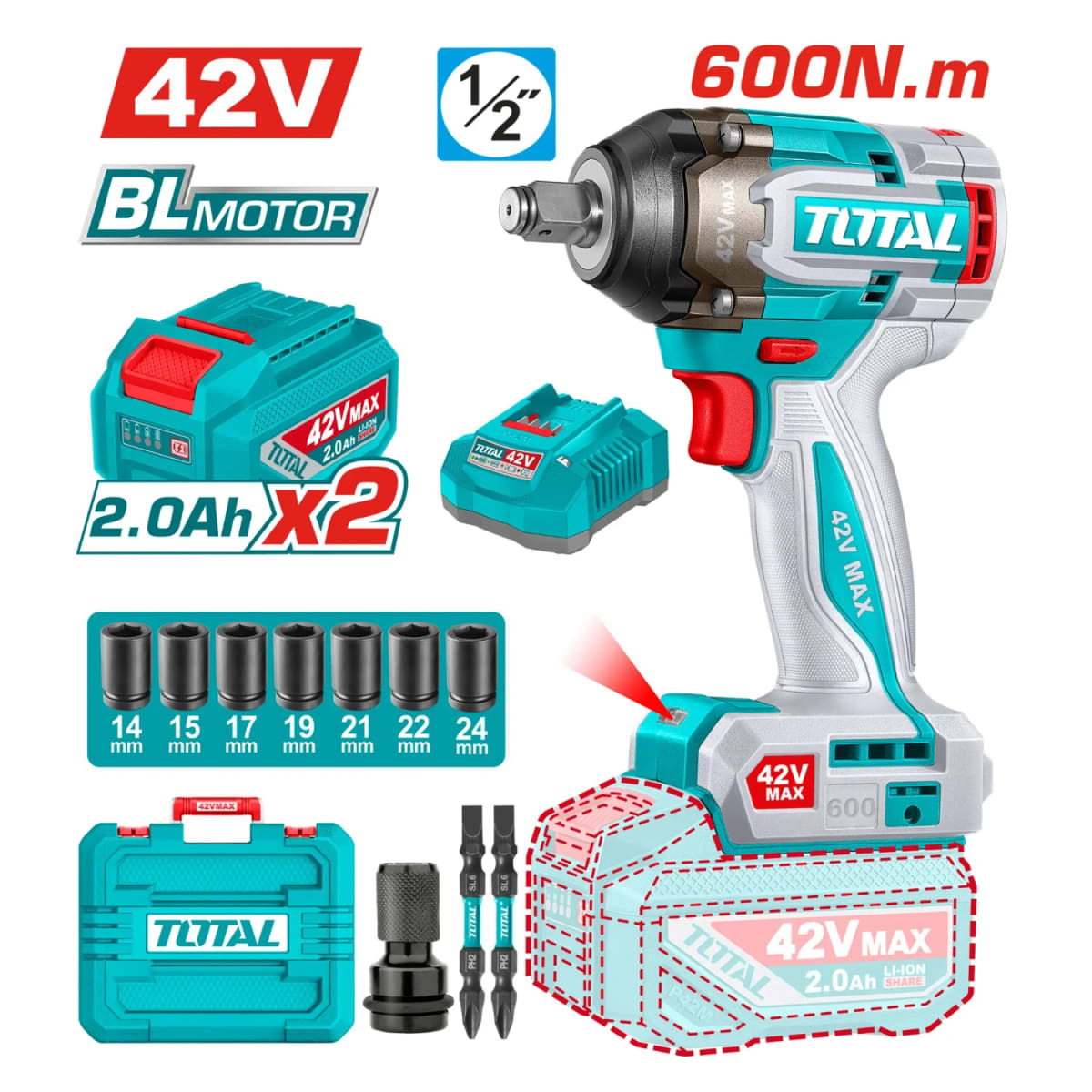 Llave de Impacto 1/2'' 600Nm + 2 Batería y Cargador 42v Total2