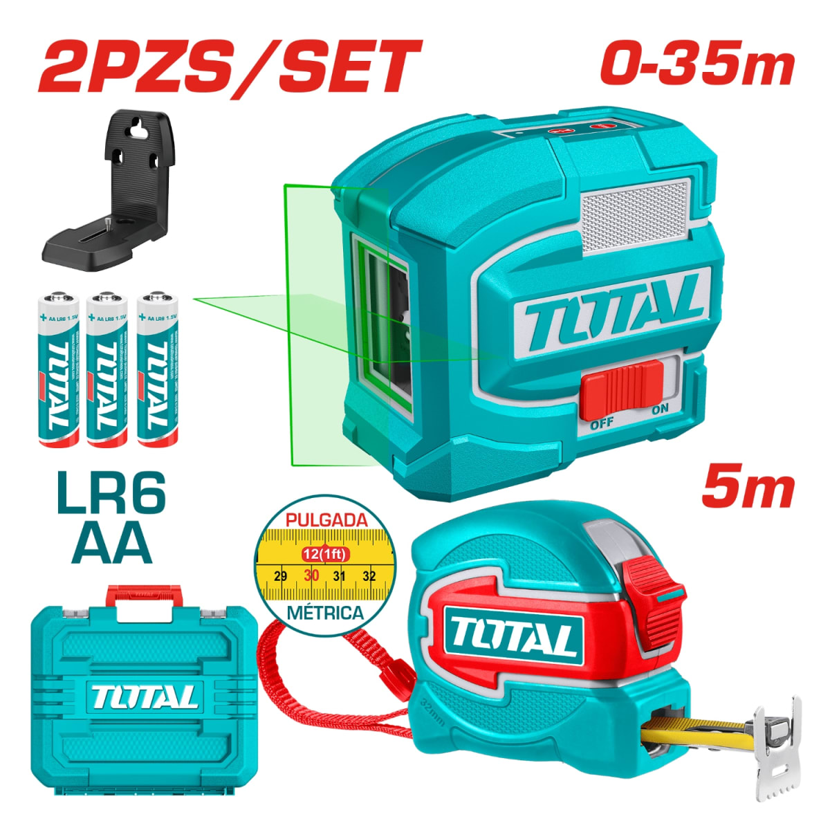 Set Nivel Laser 0-35M + Cinta/Wincha Metrica 5M Industrial Total2