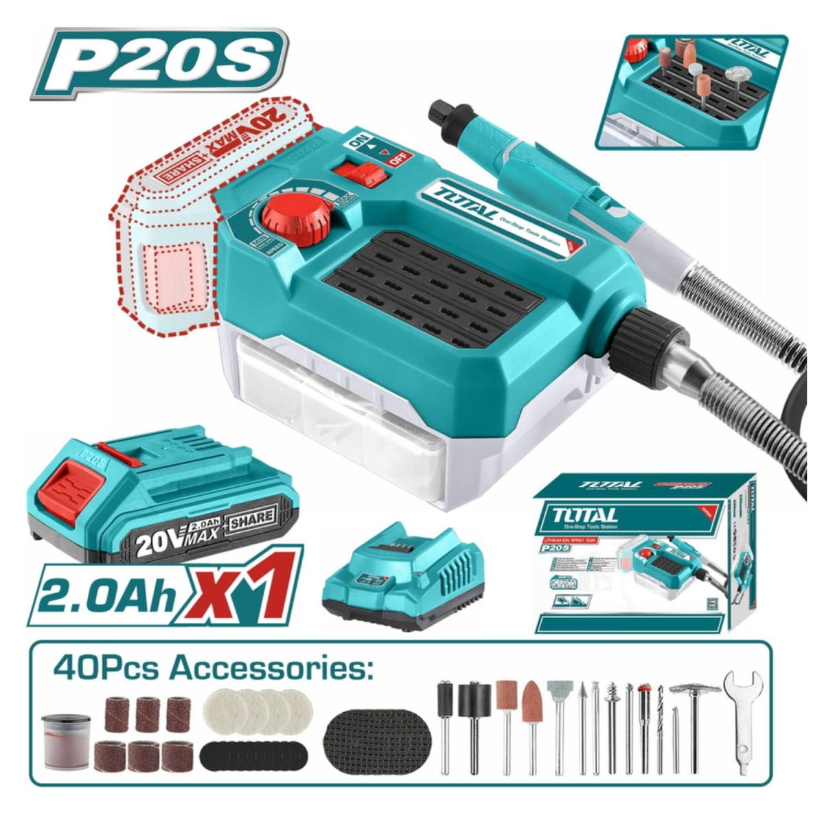 Mini Grinder Amoladora con 40 Piezas 20v Batería 2ah y Cargador Total2
