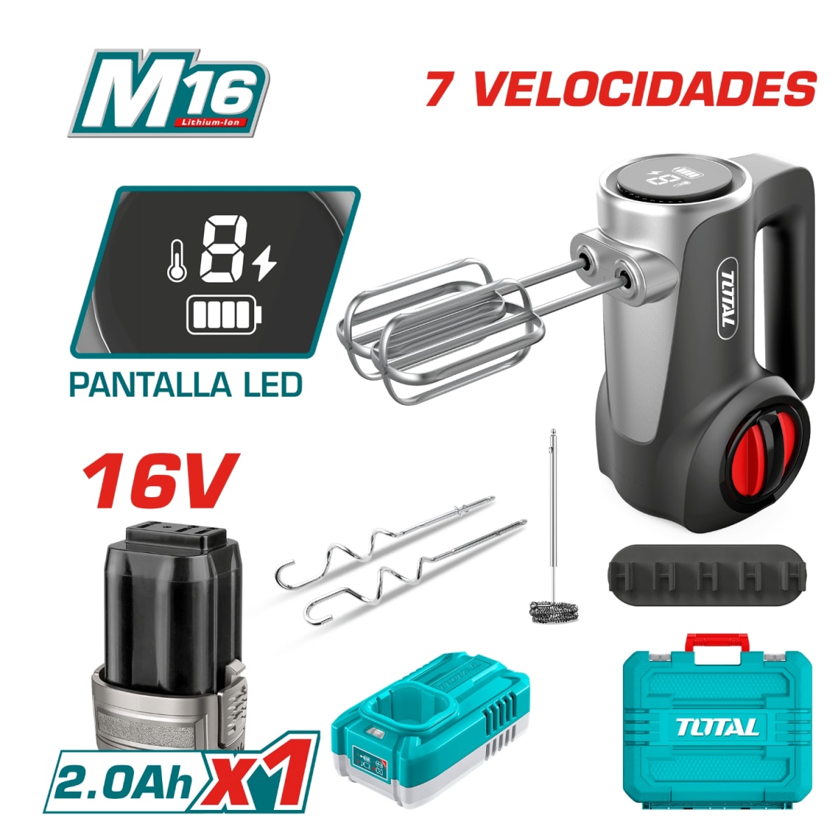 Set de Batidora 7 velocidades + Accesorios + Bateria y Cargador 16v Total5