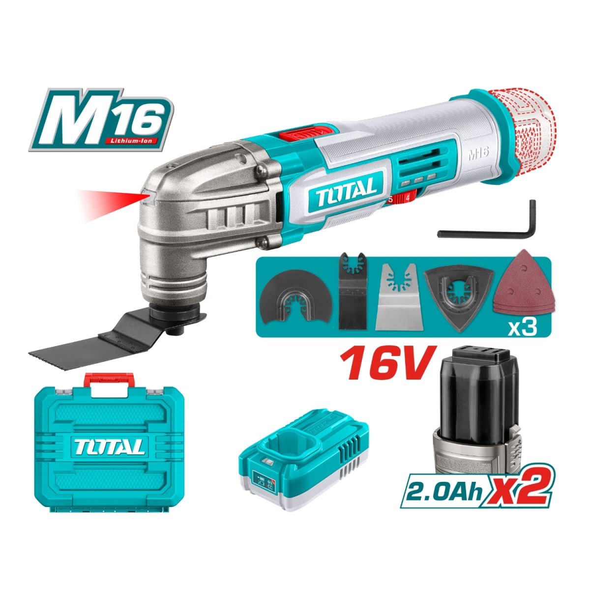 Herramientas Multifuncional con Accesorios + 2 Baterias y Cargador 16v Total2
