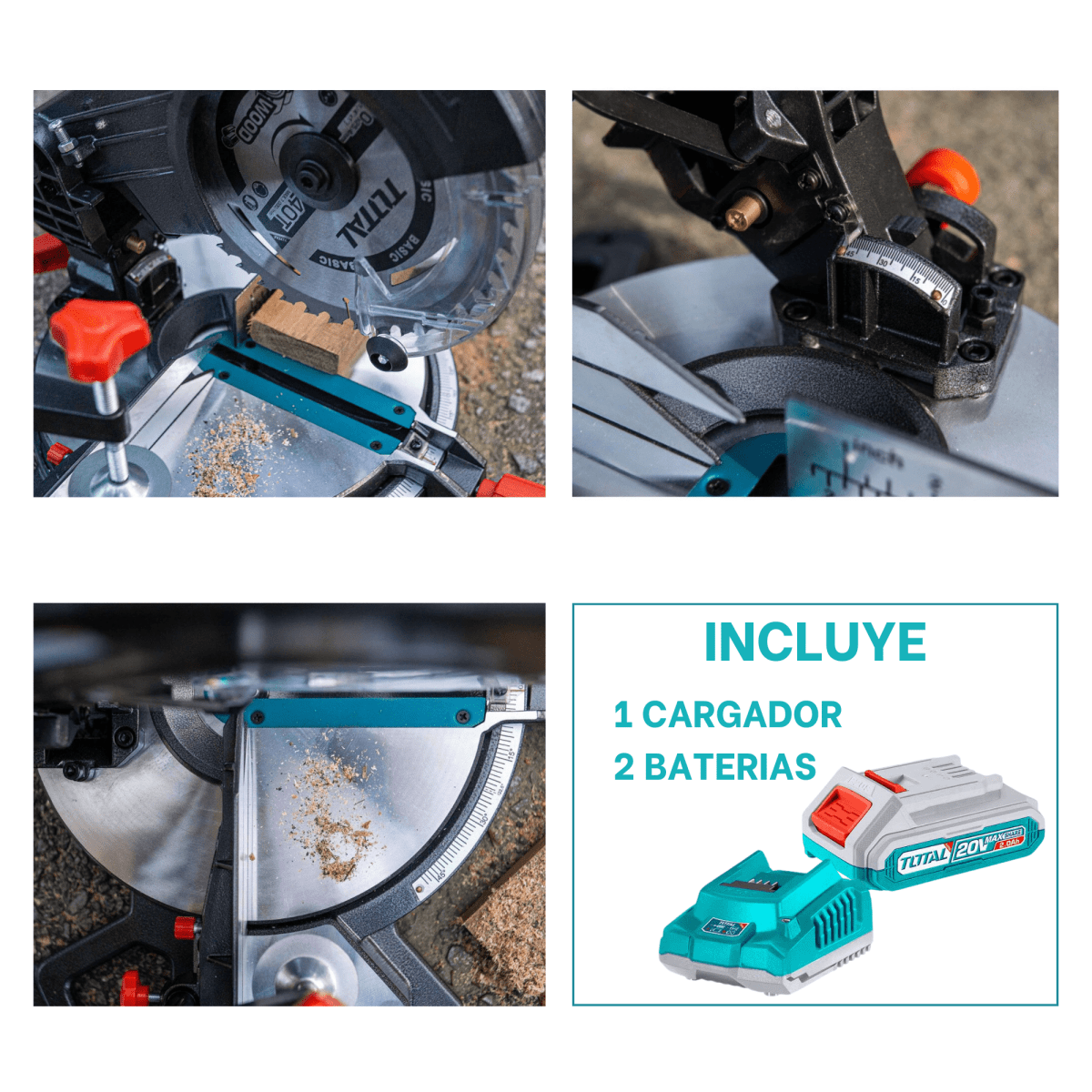 Sierra ingleteadora telescopica 20v + 2 baterias 2ah y cargador Total9