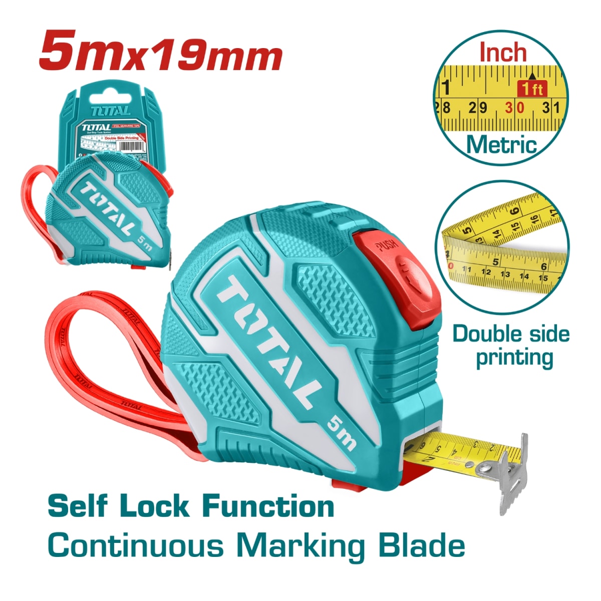 Cinta Metrica/Wincha Doble Lado 3 botones 3Mx19mm Total4