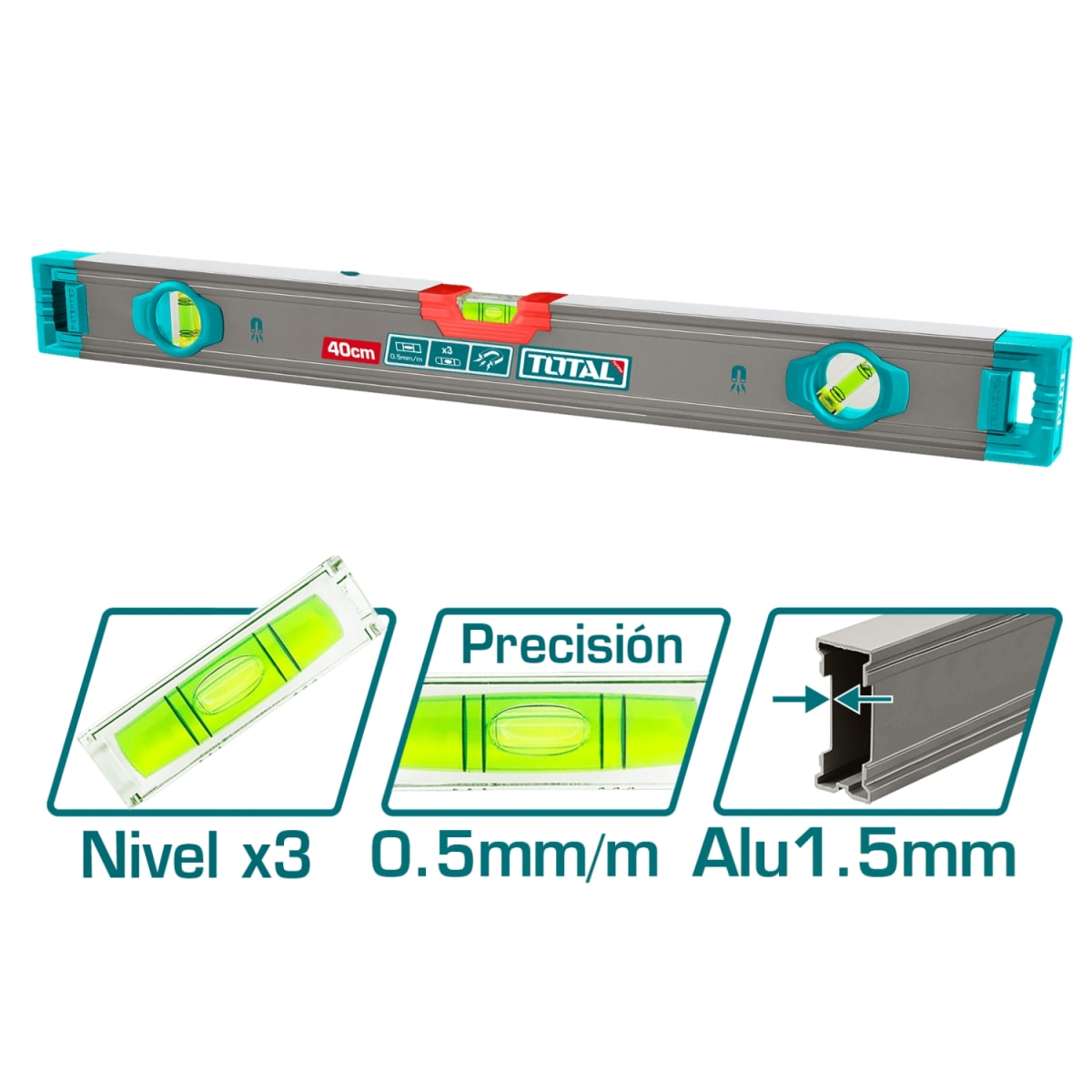 Nivel de Burbuja 40cm 1.5mm Aluminio Magnético Industrial Total3