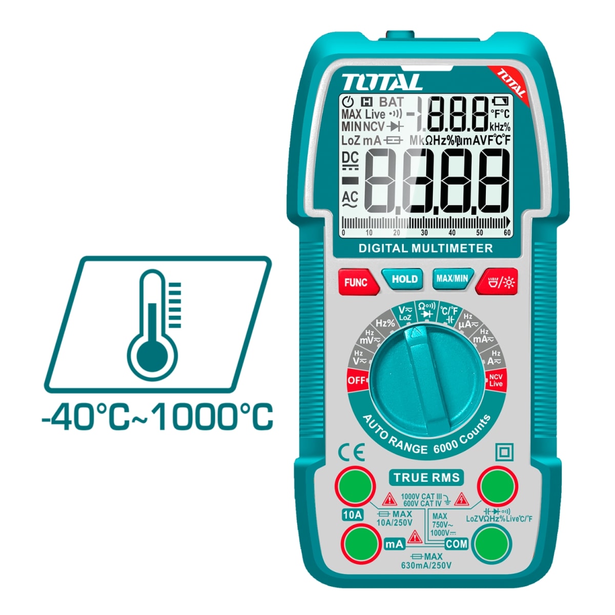 Multímetro Digital 6000 conteos RMS 1000V con maletin Total4