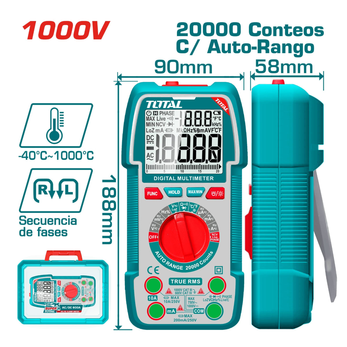 Multimetro Digital 1000V 2000 conteos con maletin Total2