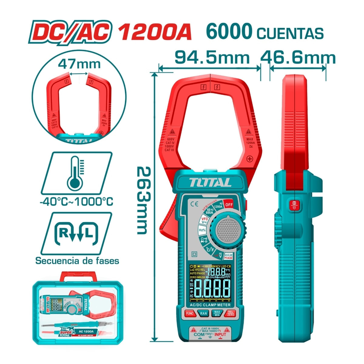 Pinza Amperimetrica DC/AC 1000A 6000conteos con maletin Total2