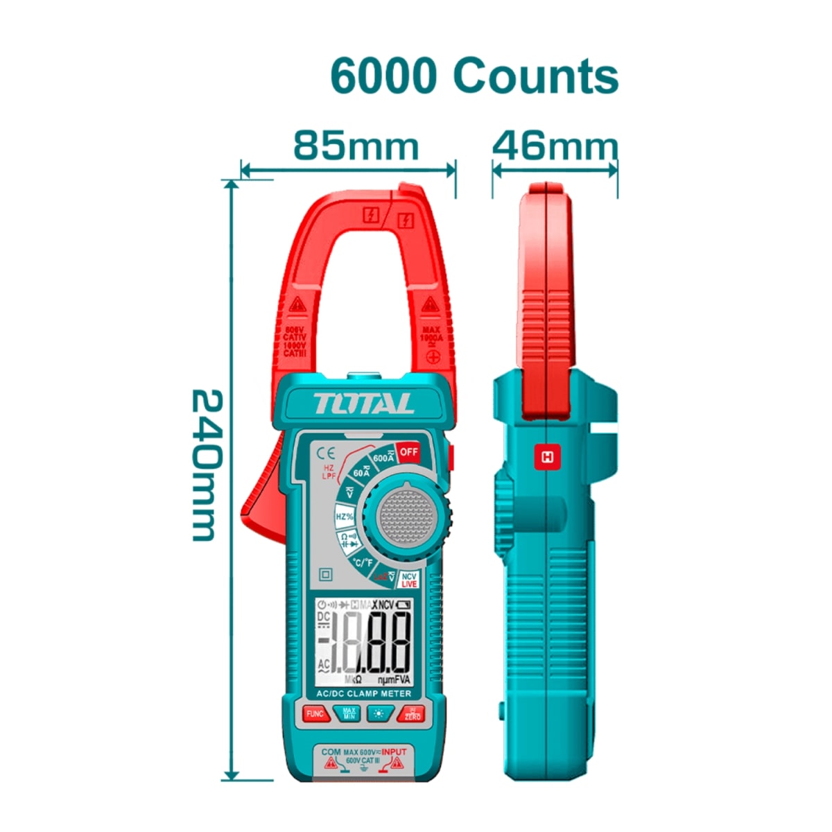 Pinza Amperimetrica DC/AC 600A con maletin Total2