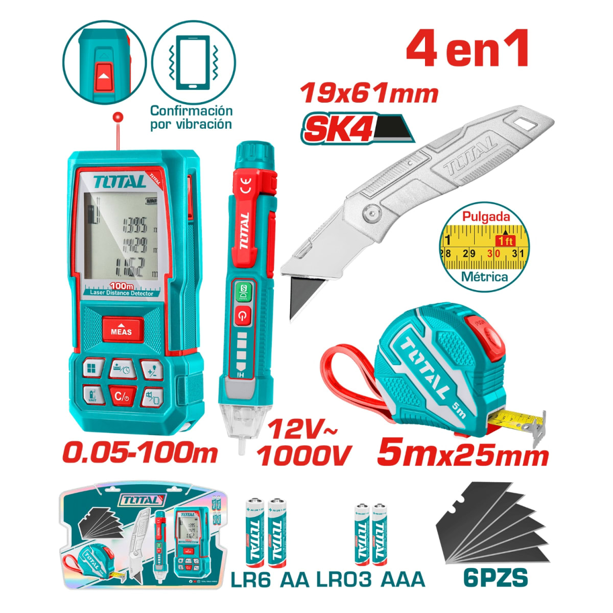 Medidor laser 100M + detector + navaja y wincha Total4