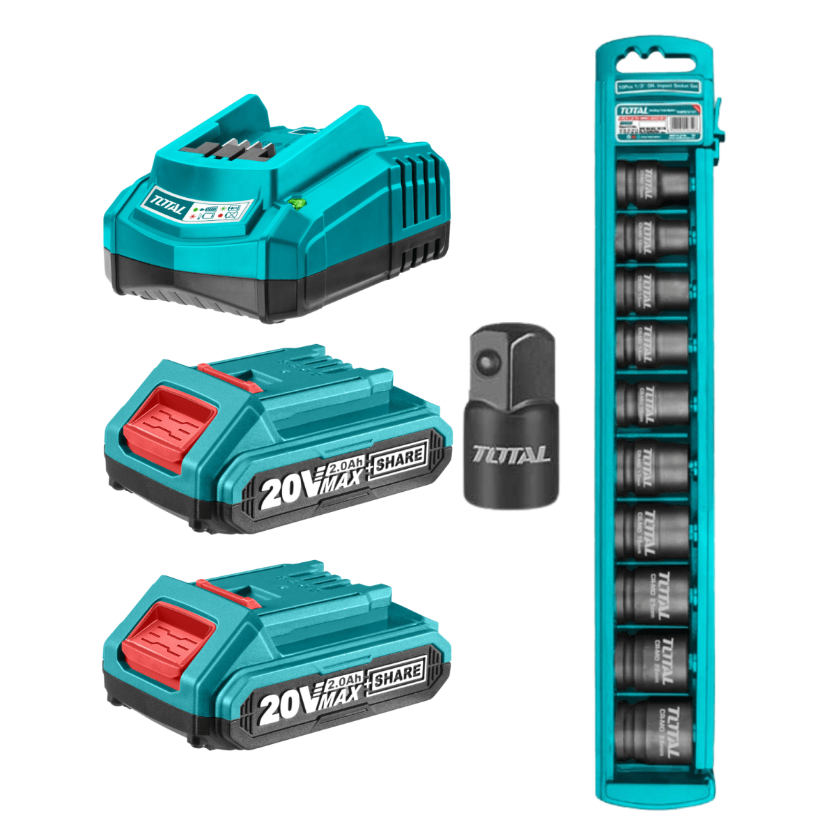Combo llave de impacto 20v + llave ratchet 20v + set dados Total4