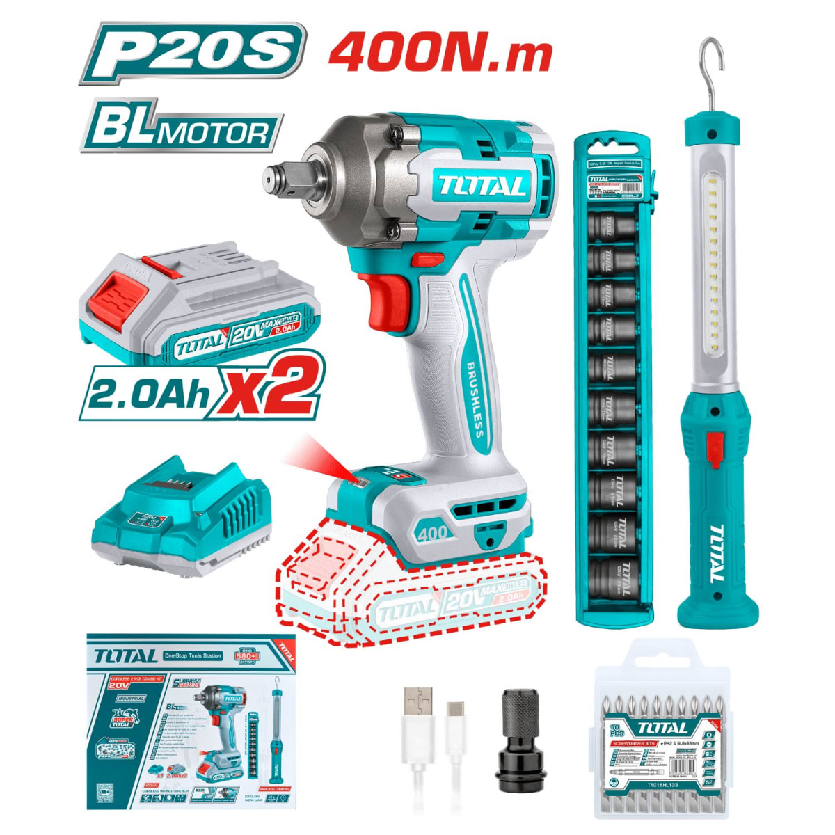 Mega Combo Llave de Impacto 400N.m 20v+ dados impacto + lámpara Total2
