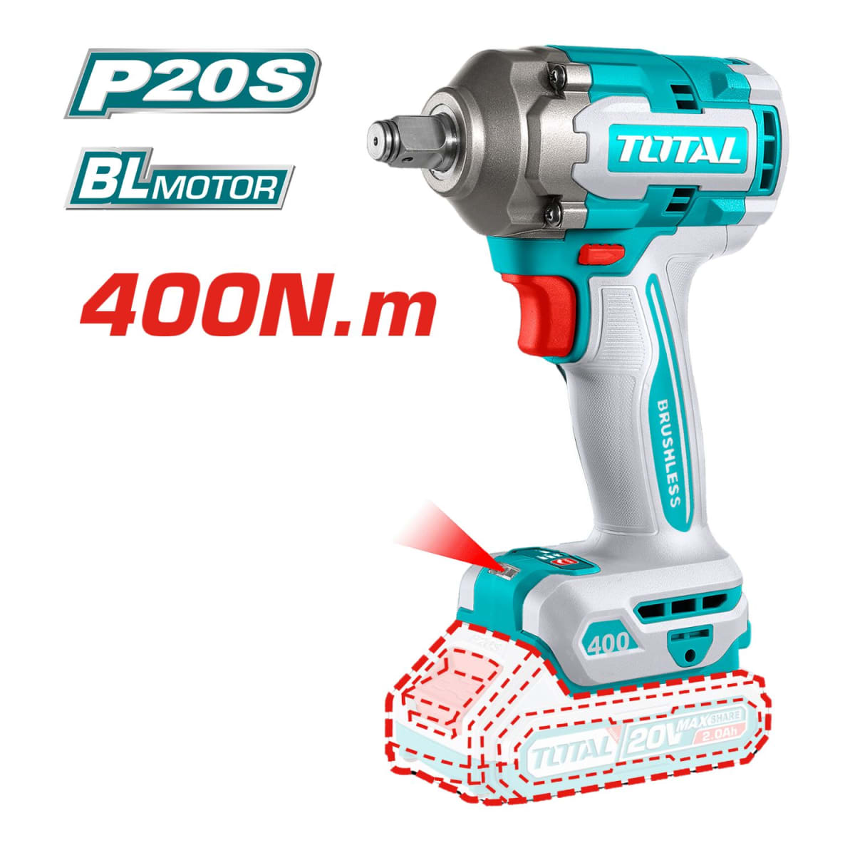 Mega Combo Llave de Impacto 400N.m 20v+ dados impacto + lámpara Total3