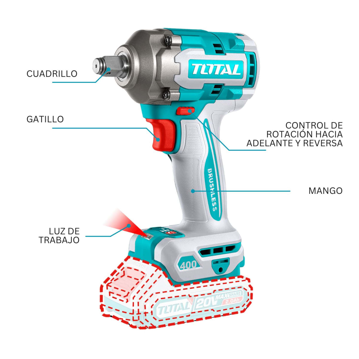 Mega Combo Llave de Impacto 400N.m 20v+ dados impacto + lámpara Total4