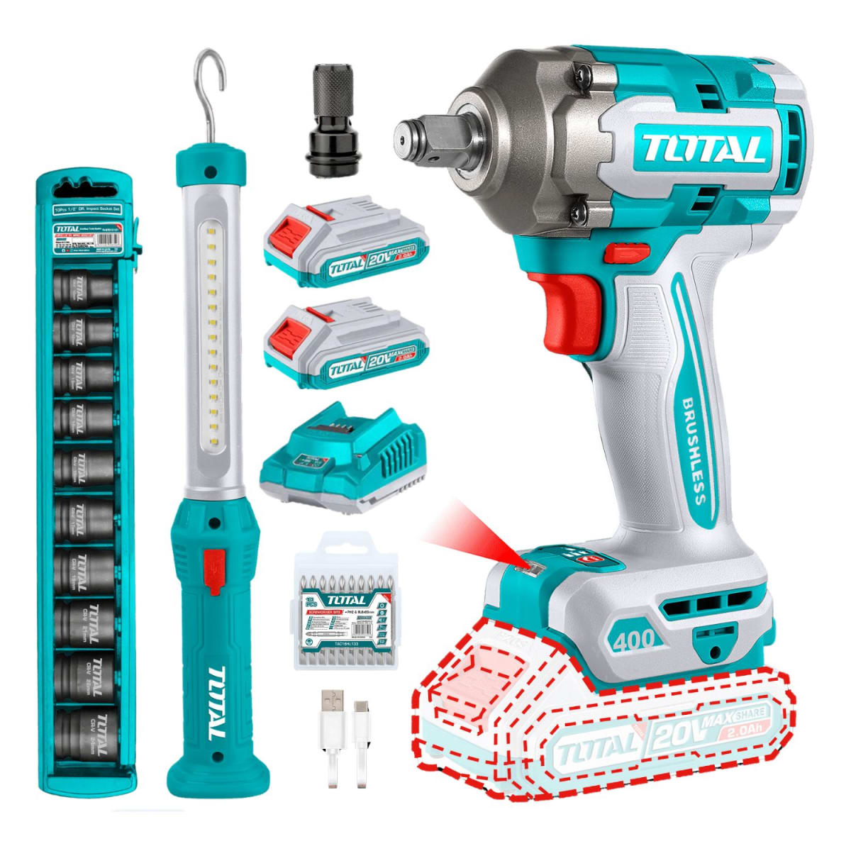 Mega Combo Llave de Impacto 400N.m 20v+ dados impacto + lámpara Total1