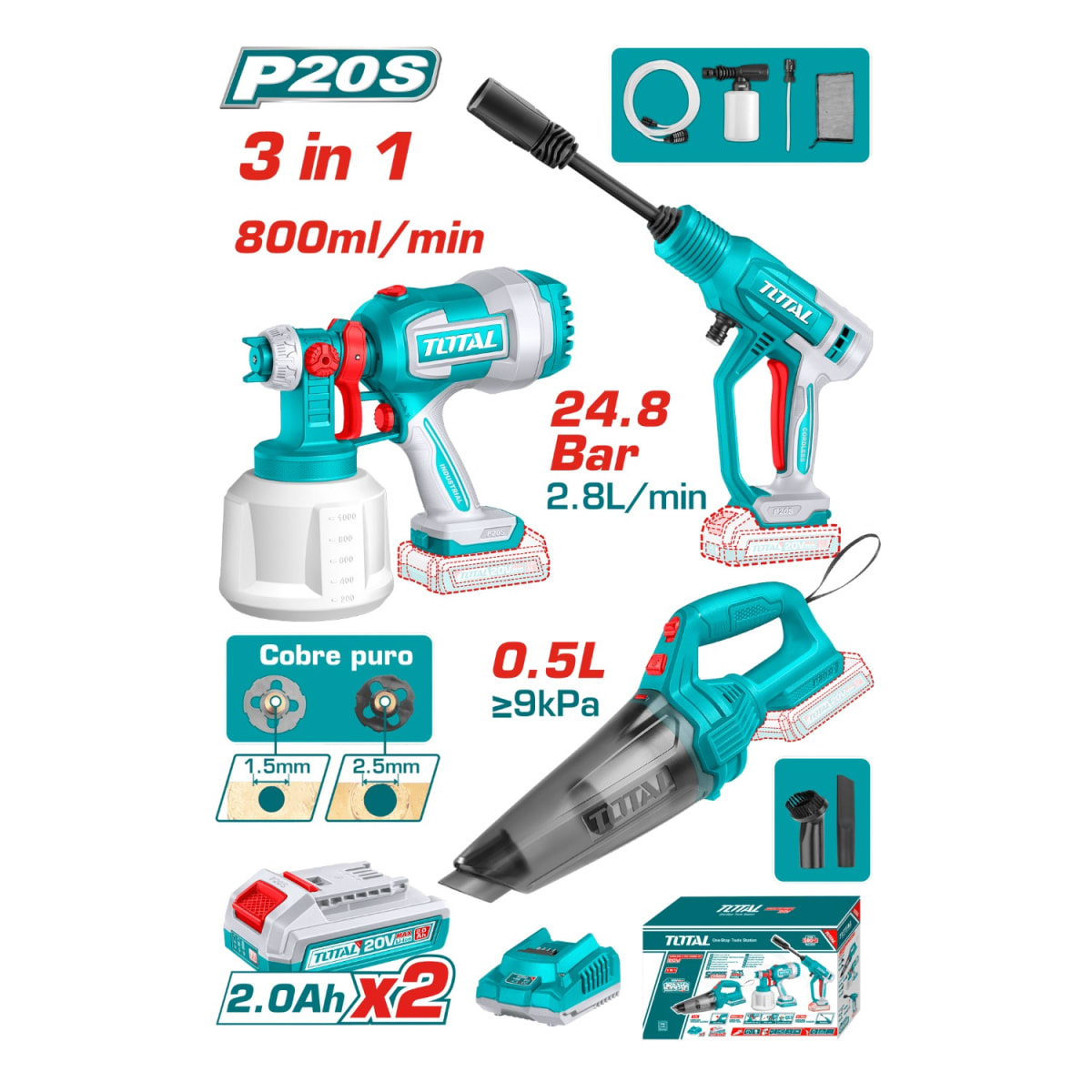 Combo Pistola para pintar + Hidrolavadora + Aspiradora 20v Total2