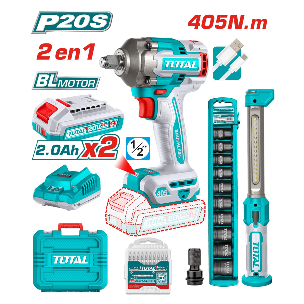 Combo Llave de impacto 405nm+ dados y linterna Total2