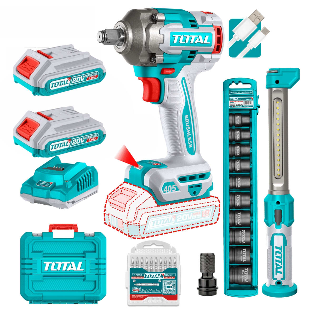 Combo Llave de impacto 405nm+ dados y linterna Total1