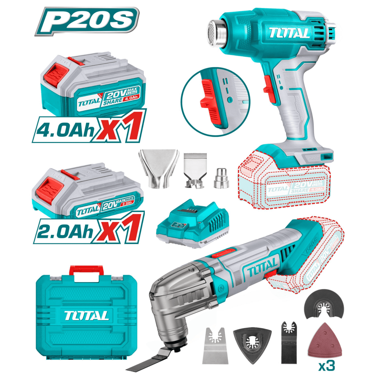 Combo pistola de calor 20v + herramienta multifunción 20v Total2