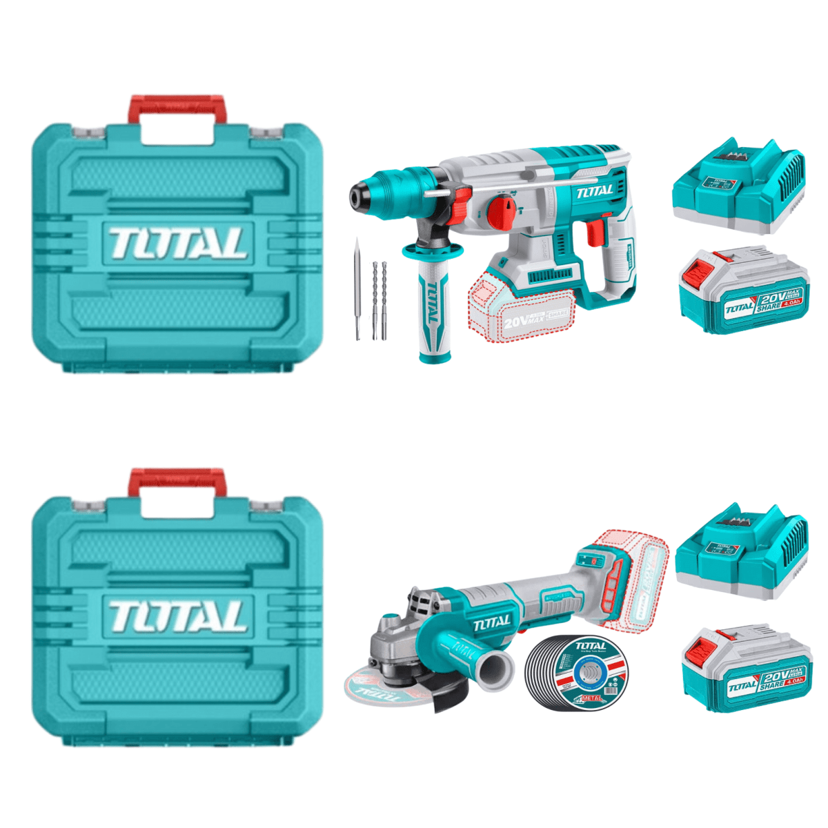 Combo rotomartillo + amoladora 20v 2 baterias 4Ah y cargador Total8