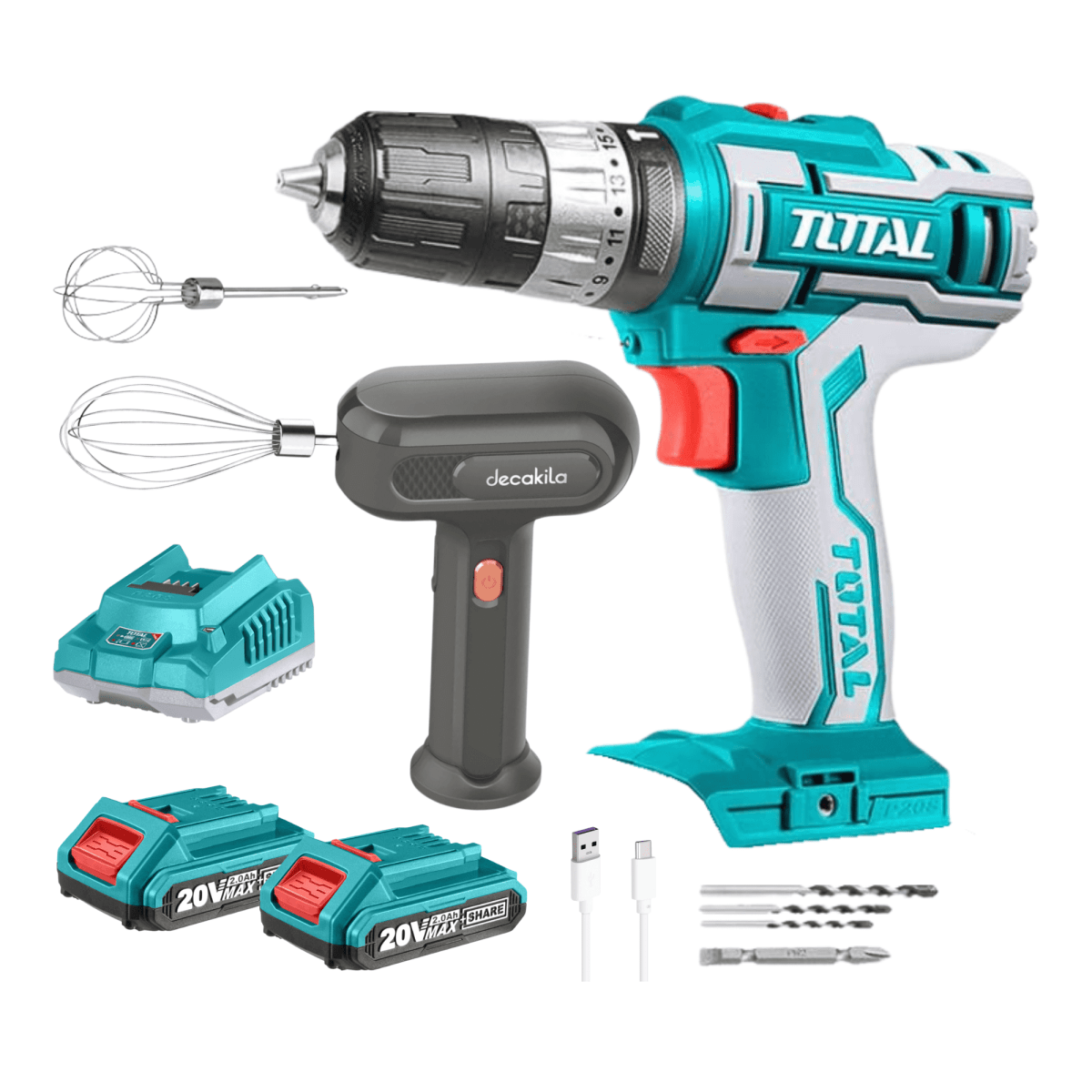 Taladro percutor 20v + taladro 12v + 89 herramientas Total4